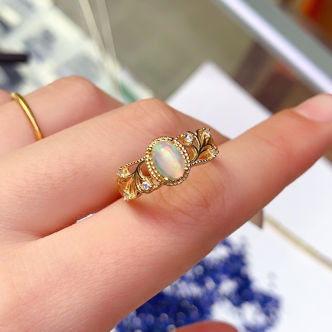 新款天然欧泊戒指s925纯银镀金防氧化女士戒指空托5*7mm一件代发