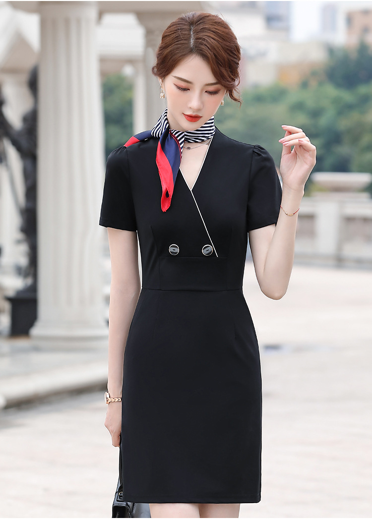 职业连衣裙春夏装新款短袖时尚正装珠宝店工作服v领酒店前台制服