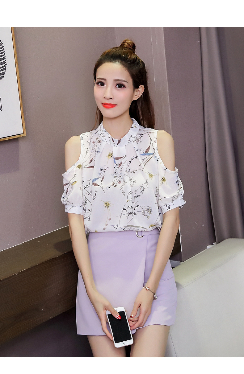 2021夏装新款碎花雪纺衫短袖女露肩上衣显瘦遮肚子打底衫