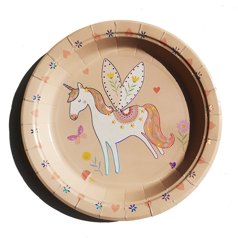 新款9寸高品质烫金独角兽纸盘 大盘子 卡通系列 可做客人图案