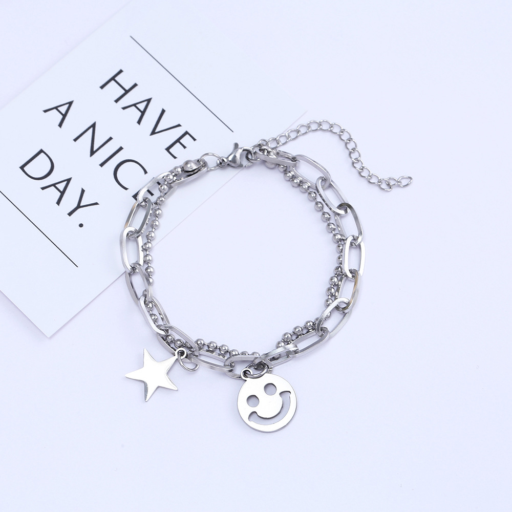 Japanese and Korean Style Harajuku Style Smiley Titanium Steel Bracelet Ins Special-Interest Design Student Minimalist Five-Pointed Star Double Chain Stitching Chain
