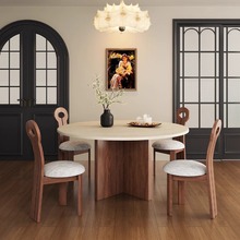 法式轻奢中古风组合圆桌餐椅 复古优质实木客厅家用饭桌餐桌椅组