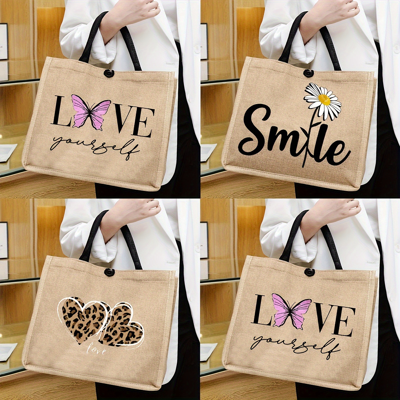 别致耐用尼龙粗麻布手提袋大容量带扣合独特印花购物袋旅行袋外贸