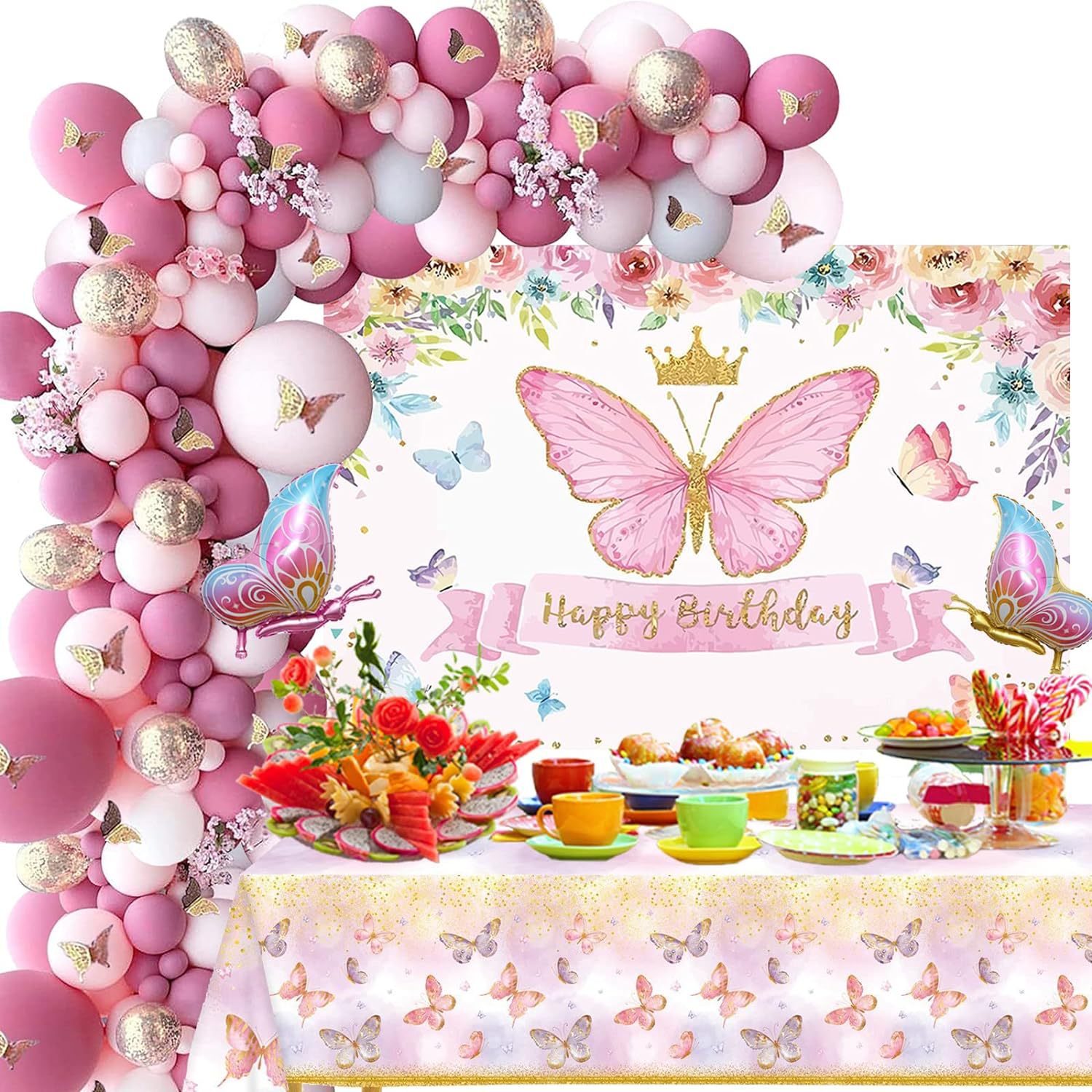 蝴蝶主题生日派对装饰蝴蝶背景布气球拱门蝴蝶气球生日派对装饰