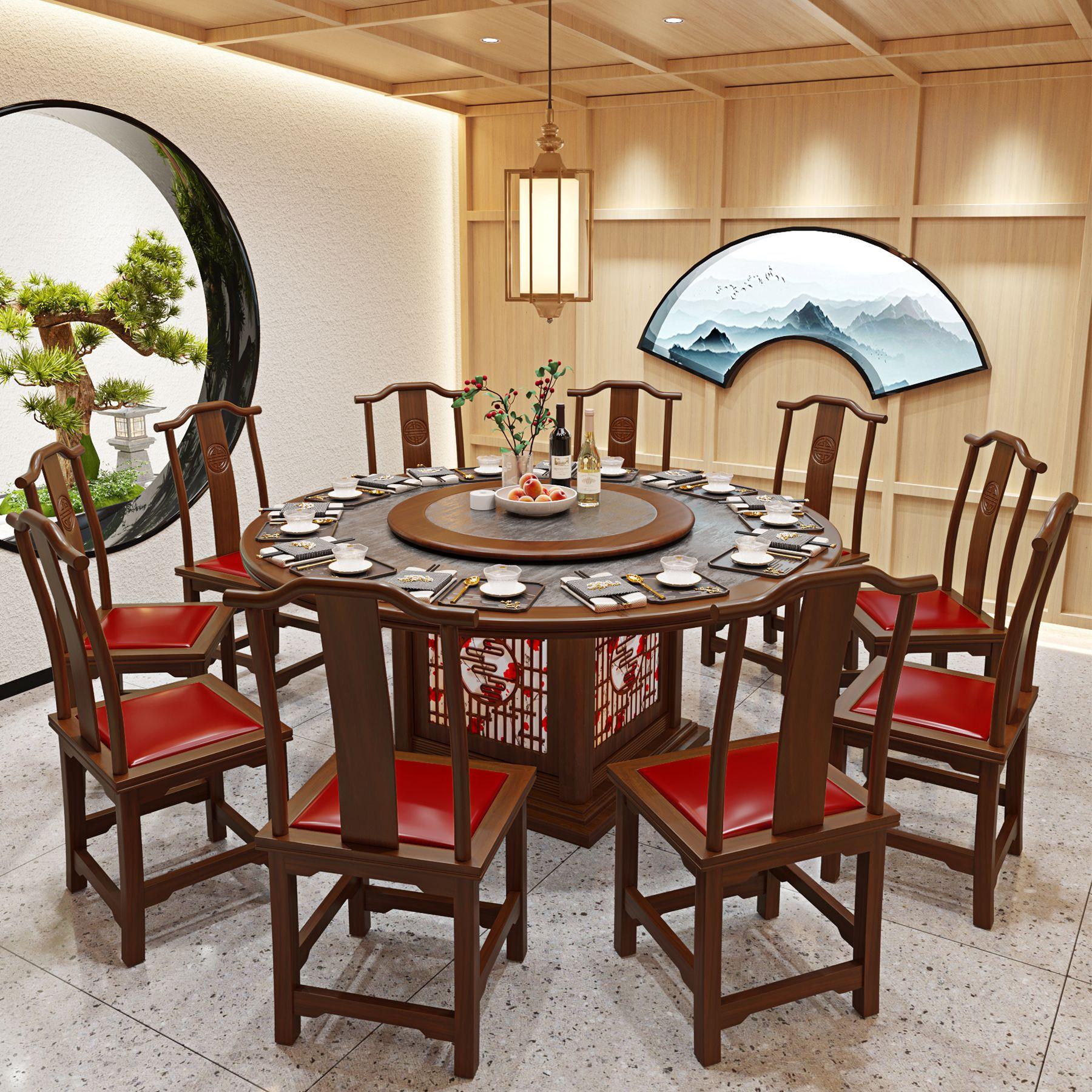 大理石餐桌组合 中式湘菜馆特色餐厅火锅店圆桌 饭店实木卡座桌椅