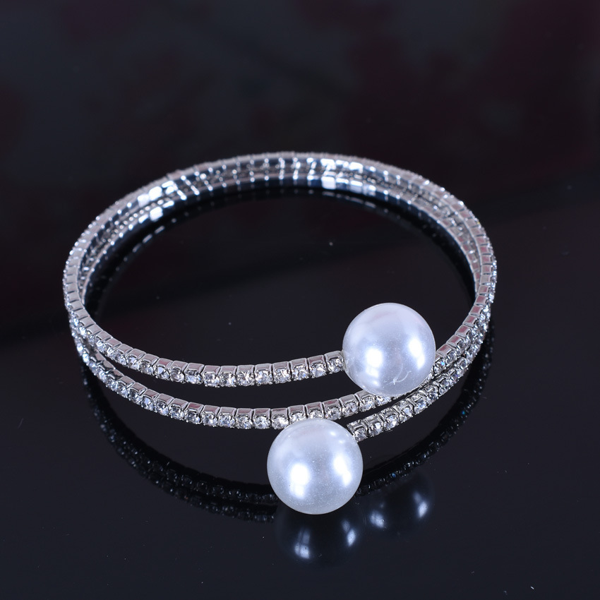 水钻珍珠多层手镯简约缠绕手环多排珍珠水钻镶嵌手链爪钻手链