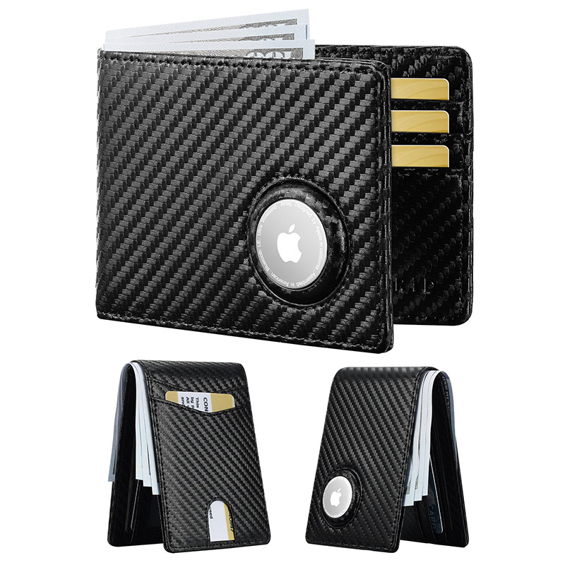 跨境新一代airtag钱包男款碳纤维卡包大容量卡位防盗两折真皮钱夹