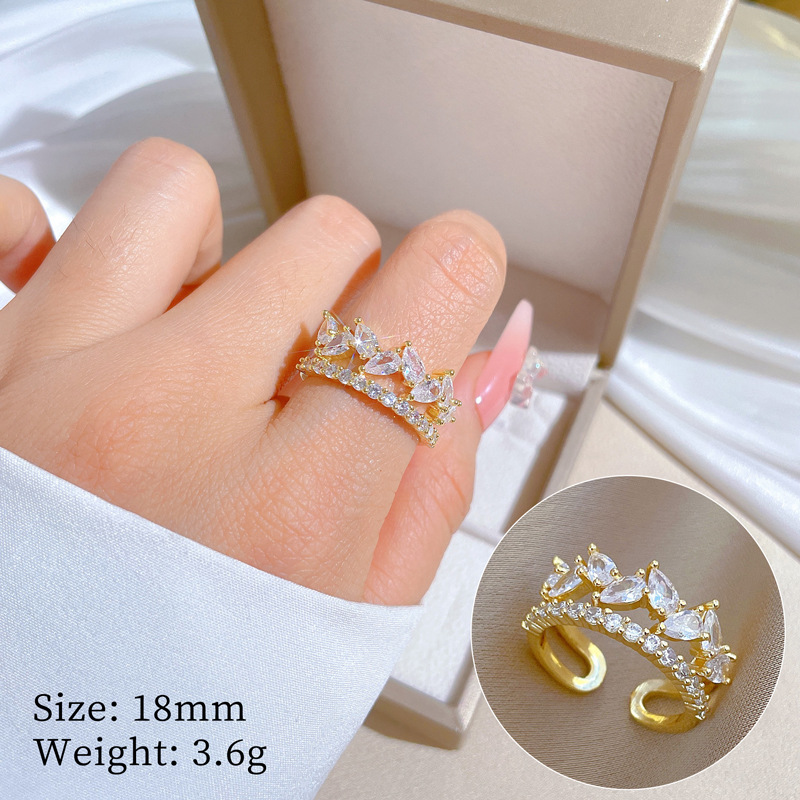 [Real Gold Plating] European and American Design Ins Style Geometric Diamond-Embedded round Bead Ring Female Cold Style Open Ring