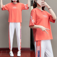 2021夏季新款休闲运动套装女宽松短袖九分裤韩版两件套印花时尚潮