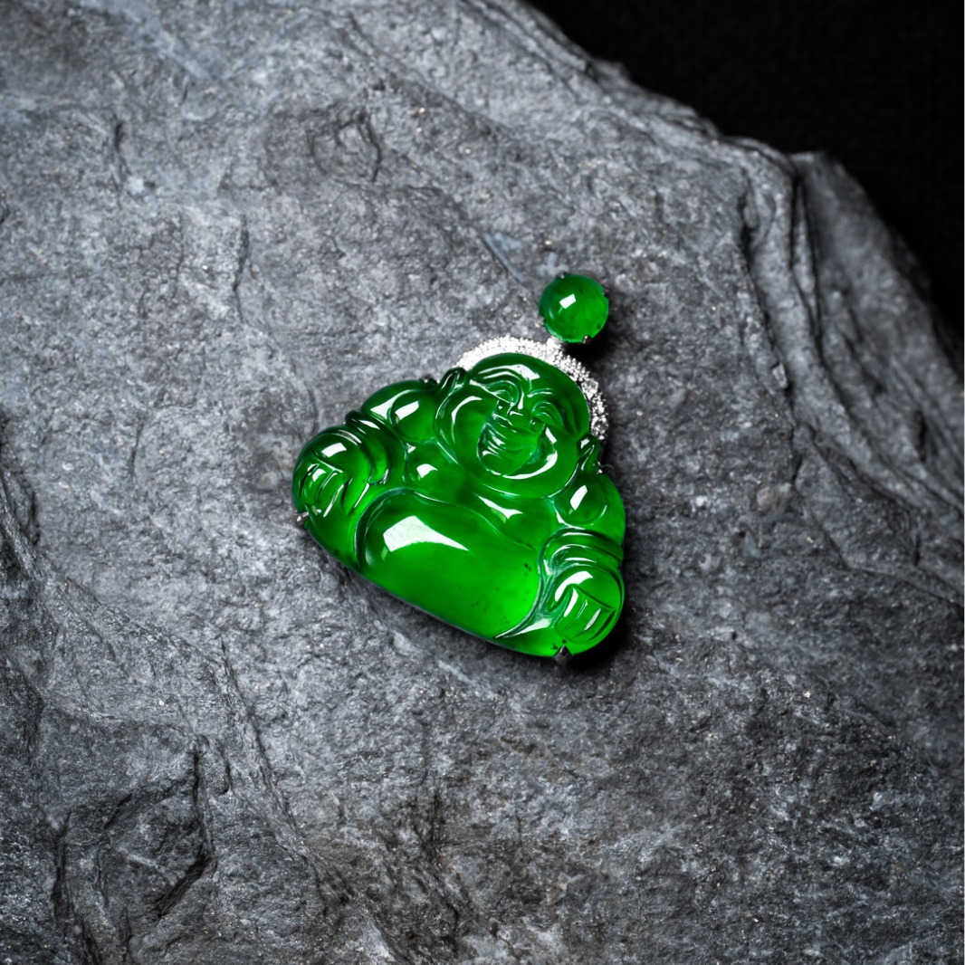 金镶嵌佛公天然翡翠吊坠高货带证书18k金高品质危料吊坠高货珠宝