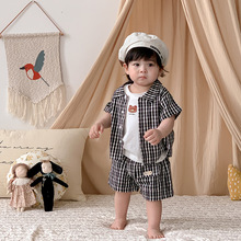 男童夏装衬衫套装0-2岁男宝宝帅气时髦格子衣服小儿童短裤两件套