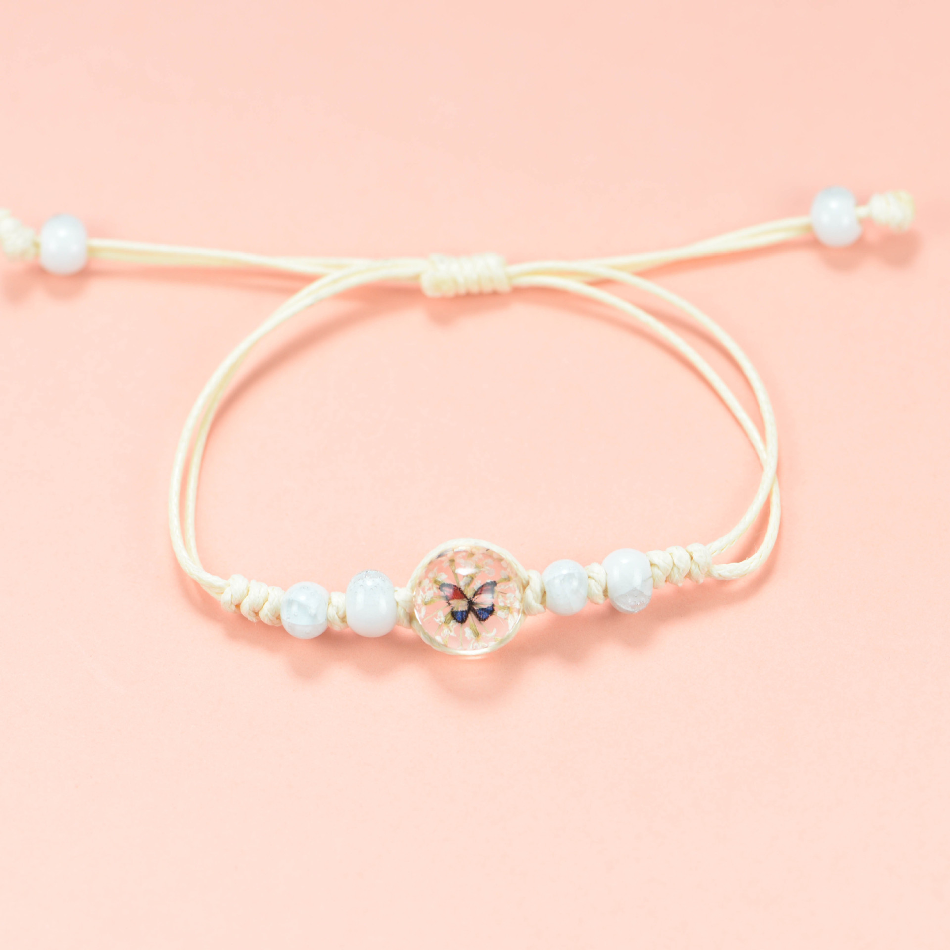 韩版干花手链玻璃手链学生闺蜜diy礼物真花手链蝶恋花手链抽拉绳