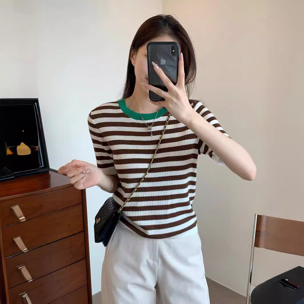 thewow 超舒适莱赛尔 柔软撞色圆领直身h廓形条纹短