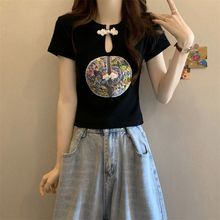 新中式国风盘扣重工刺绣短袖T恤女夏季新款修身显瘦短款上衣