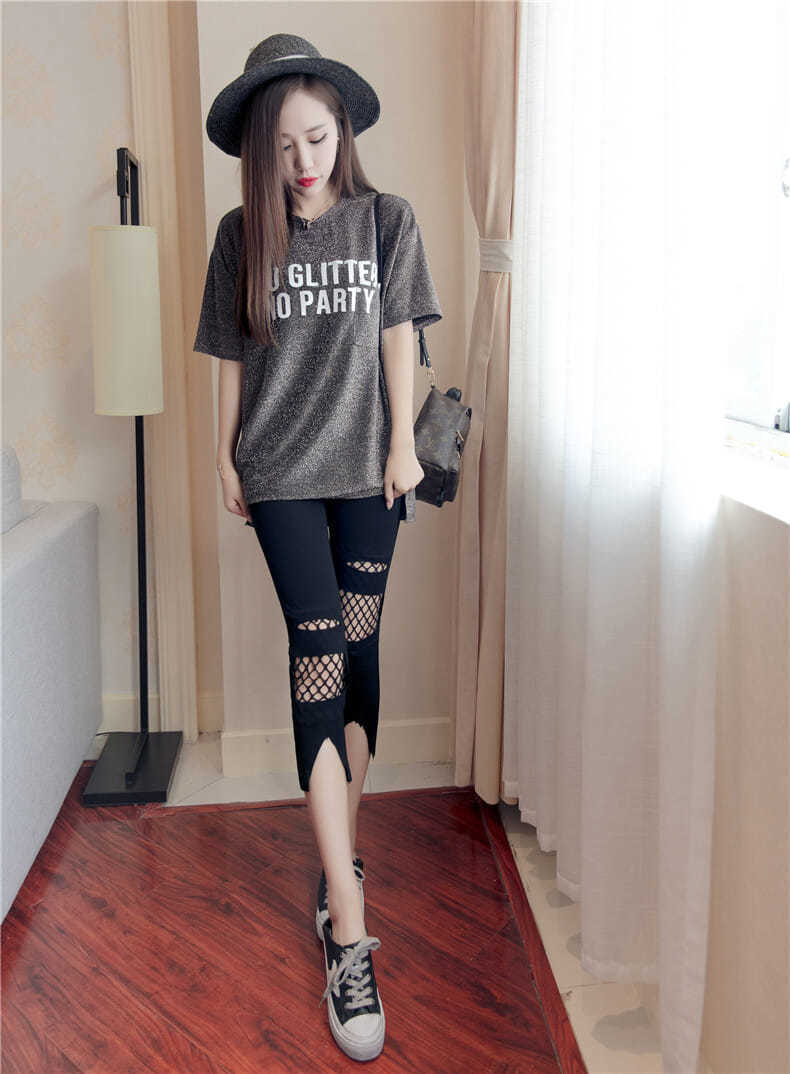 2021春夏薄款七分打底裤女棉质高腰破洞网纱拼接弹力显瘦外穿裤子