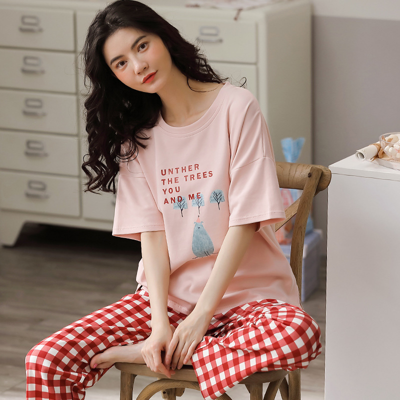 Women's Pajamas Summer Short Sleeve Trousers Suit Korean Style Large Size Ins Style Cotton Ladies' Homewear Foreign Trade Wholesale