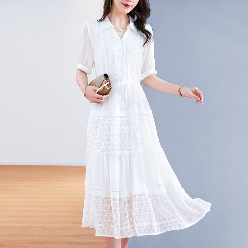大码真丝连衣裙女2023夏季新款素色桑蚕丝定位绣顺纡衬衫v领裙子
