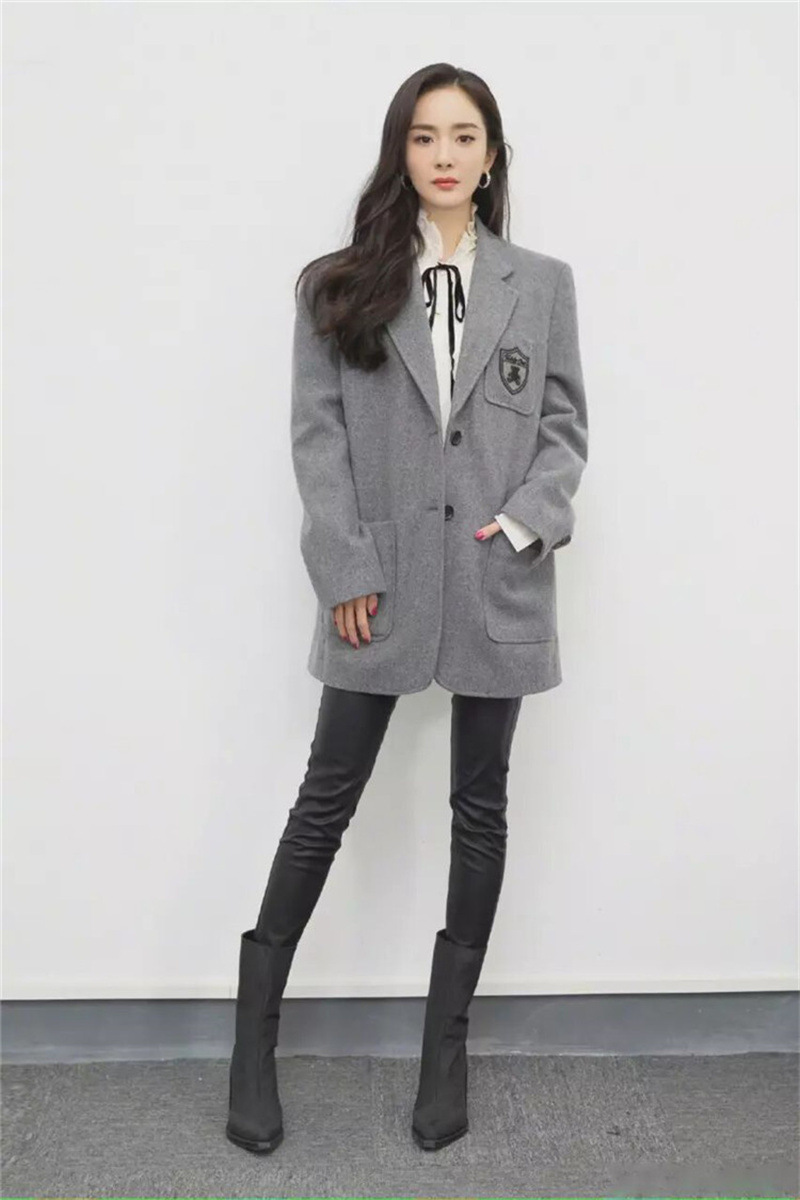 2021秋冬明星杨幂同款西装外套女装毛呢学院风小个子灰色大衣8179
