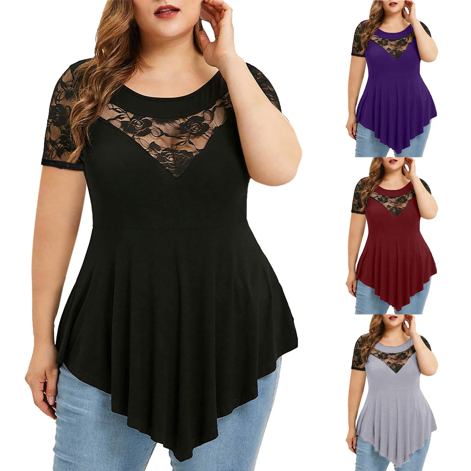 Cross-Border Foreign Trade New Women's Clothing plus Size Flower Lace Short Sleeve Irregular Hem See-through round Neck Women's Top Women Clothes