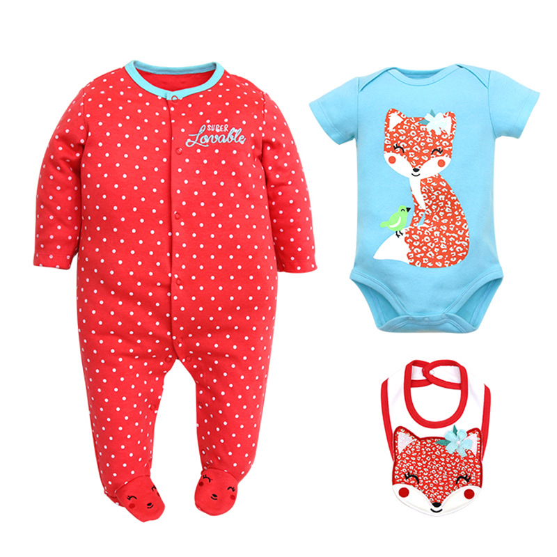 2023 Factory in Stock Wholesale Foreign Trade European and American Baby Jumpsuit Baby Long Climbing Short Saliva Towel 3-Piece Set