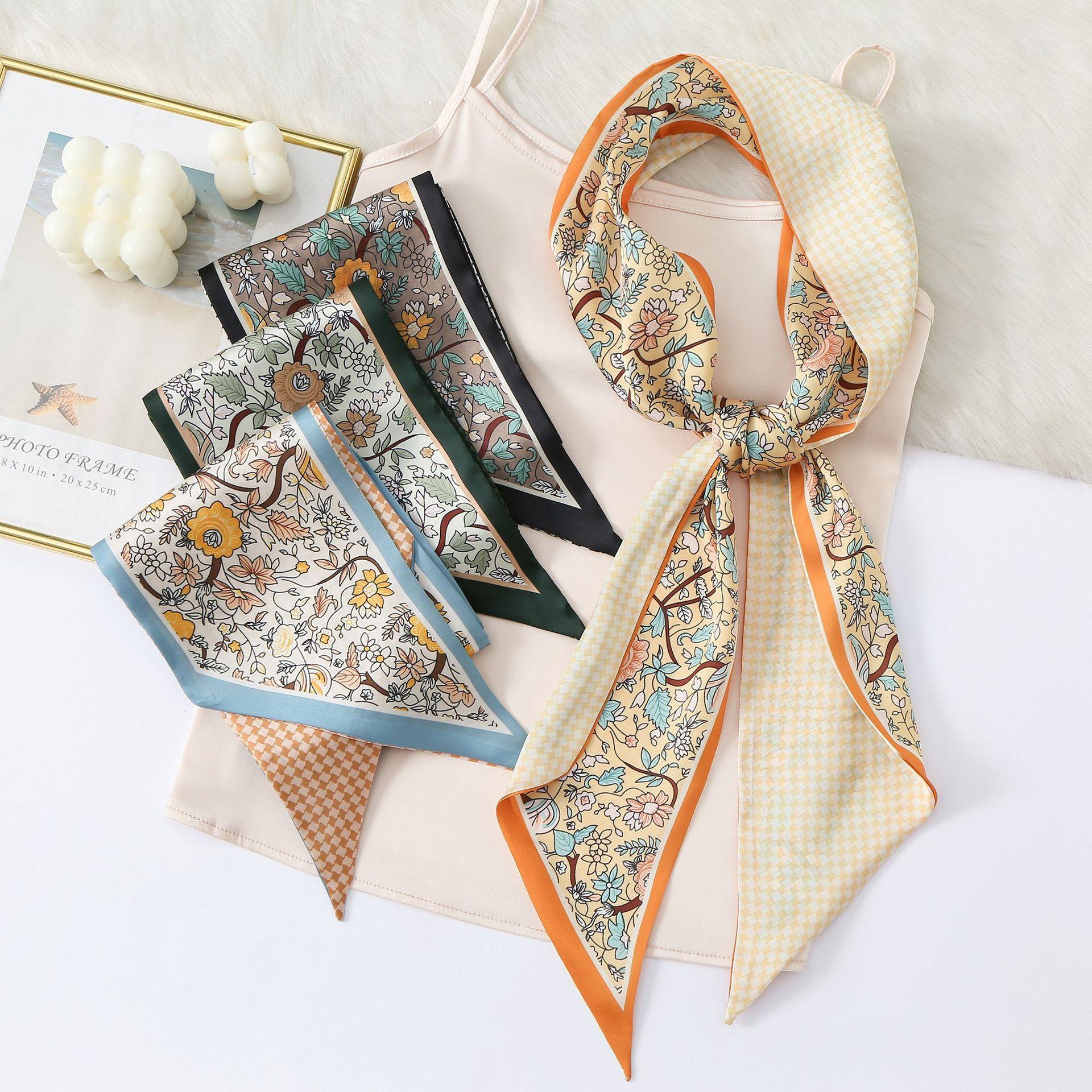 高级感橙色法式发带女长条丝巾春夏薄款装饰复古碎花飘带领巾批发