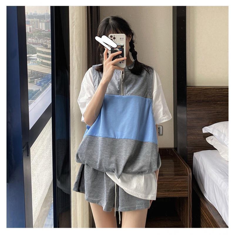 洋气套装女无袖夏2022新款拼色休闲松紧短裤运动风套装ins两件套