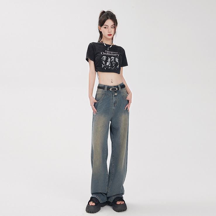 Hey + Jeans Vintage Starry Sky Pattern Jeans Women's Spring and Autumn High Waist Loose and Slimming Wheat Wide-Leg Pants