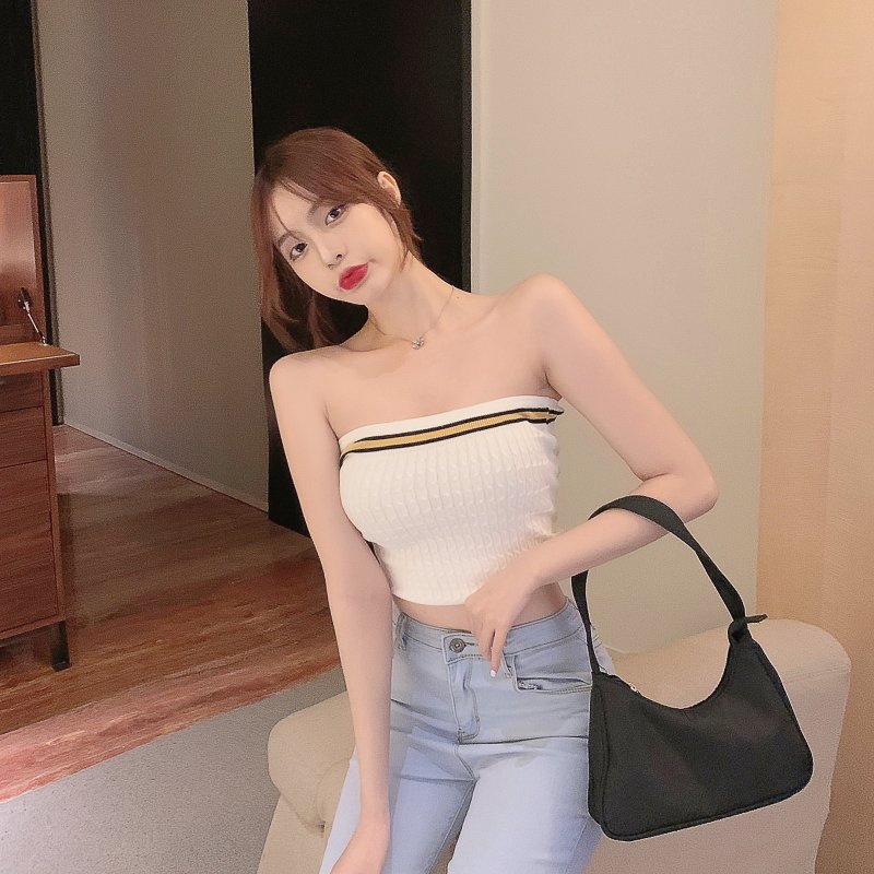 2021夏季新款撞色条纹针织裹胸短款露肩无肩带上衣女