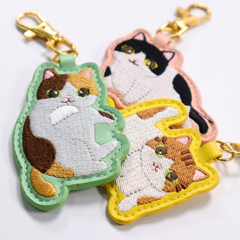 Cartoon Shaped PU Leather Embroidered Keychain Small Pendant Bag Decorative Leather Full Embroidery Pendant Car Key Ring