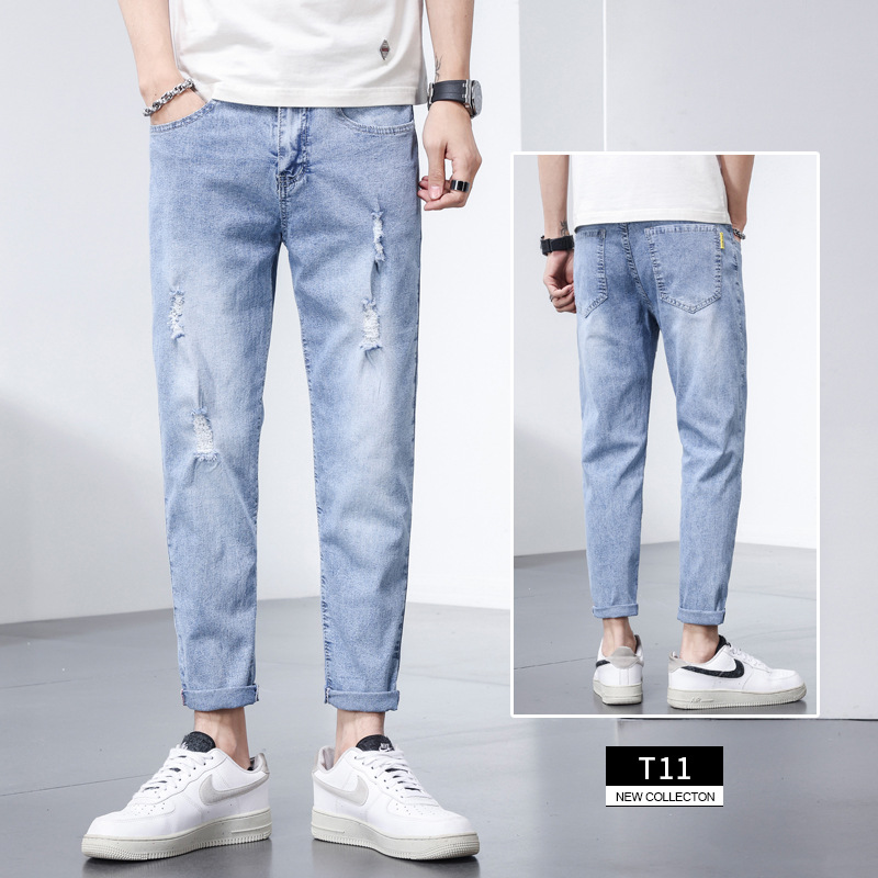 Cropped Jeans Men's Summer Thin Loose Straight Fashion Brand Ins Versatile Stretch Light Color Casual Cropped Pants