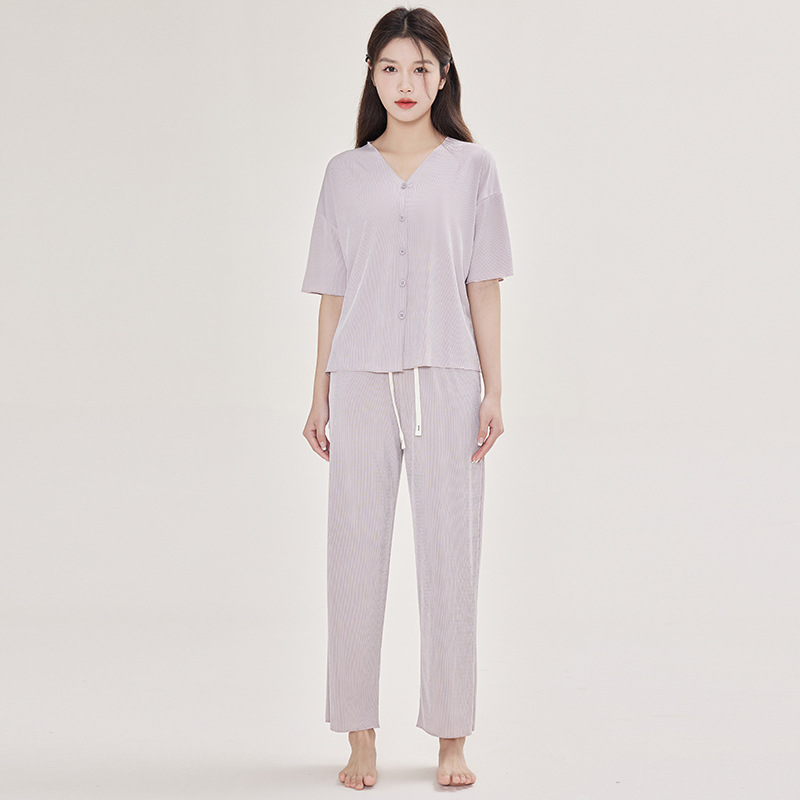 Ice Silk Pajamas for Women Spring and Summer New Solid Color Cardigan Women's Suit Loose Cool Comfortable Short Sleeve Home