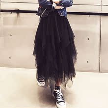 香港风网纱半身裙女不规则黑色高腰修身显瘦百搭中长款蓬蓬字裙