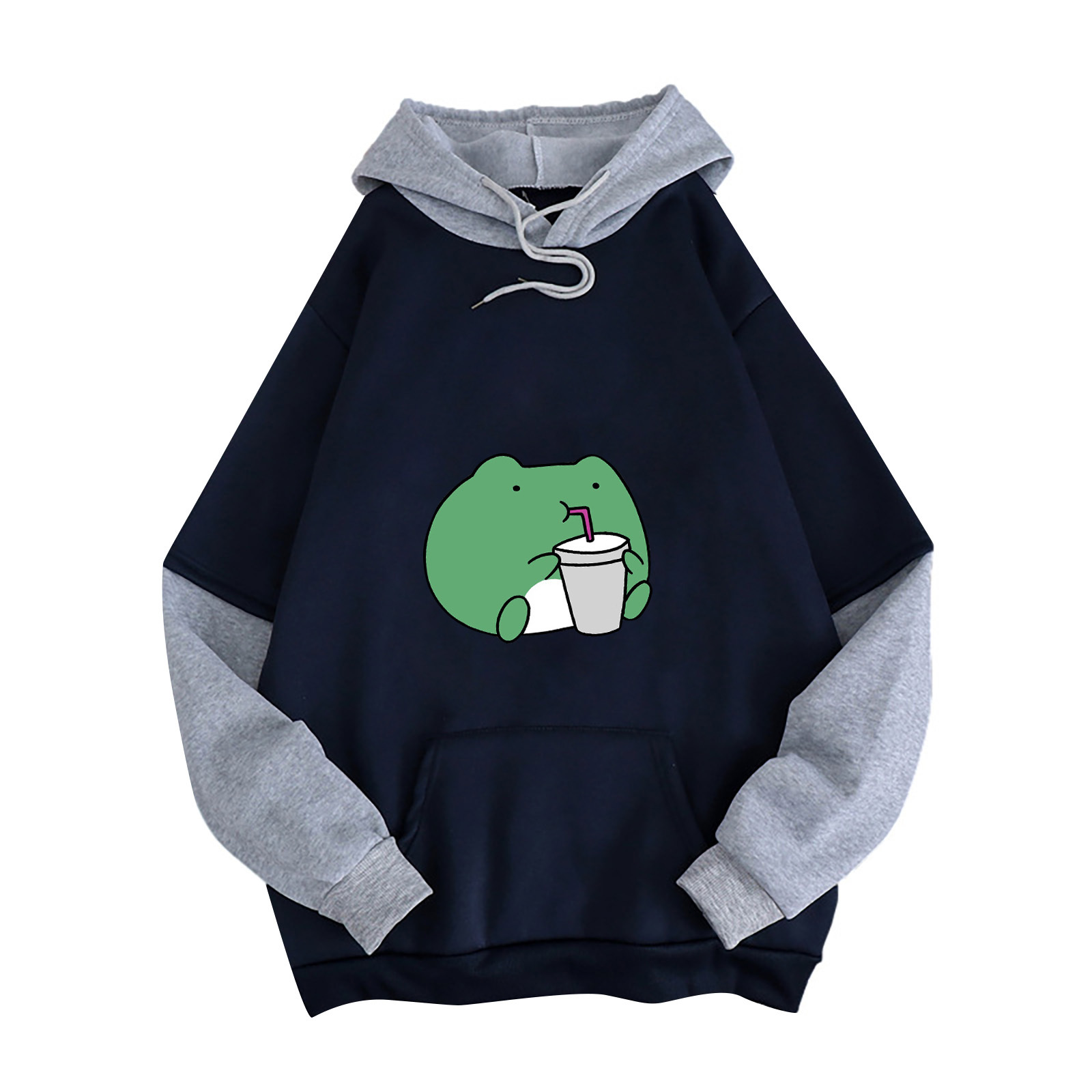 独立站亚马逊wish速卖通虾皮新款卡通青蛙印花秋冬加绒连帽卫衣