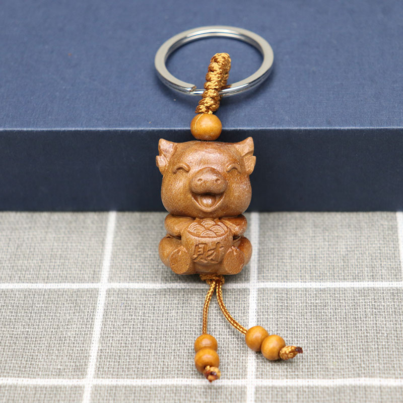 批发定制桃木雕生肖牛车钥匙扣吊坠 木质卡通招财牛礼品挂件饰品