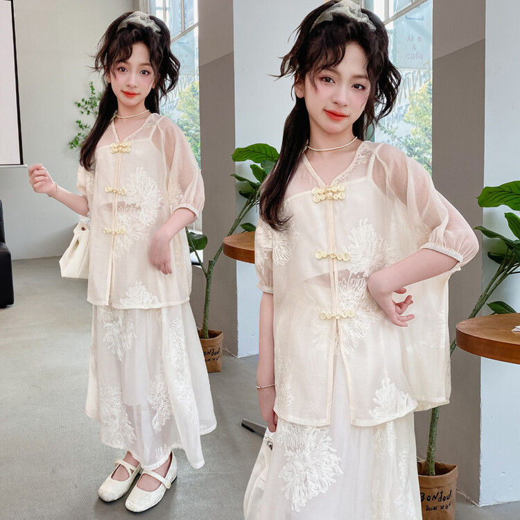 童装女大童夏季古风衣服女童国风套装夏款汉服唐装三件套跨境代发