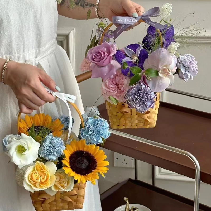 蝴蝶结木片手提花篮鲜花花束插花篮田园风创意编织拍照艺术花篮