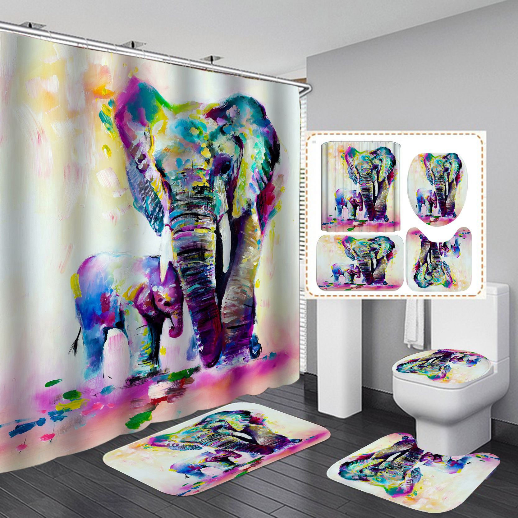 Amazon Best-Selling Shower Curtain Four-Piece Elephant Series Waterproof Punch-Free Partition Curtain Hotel Rain Curtain