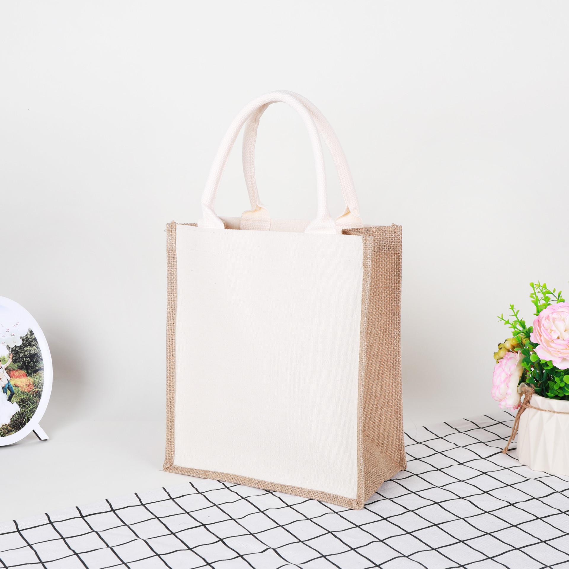 现货跨境拼色麻布袋手提亚麻购物袋可印logo复古覆膜收纳麻布袋