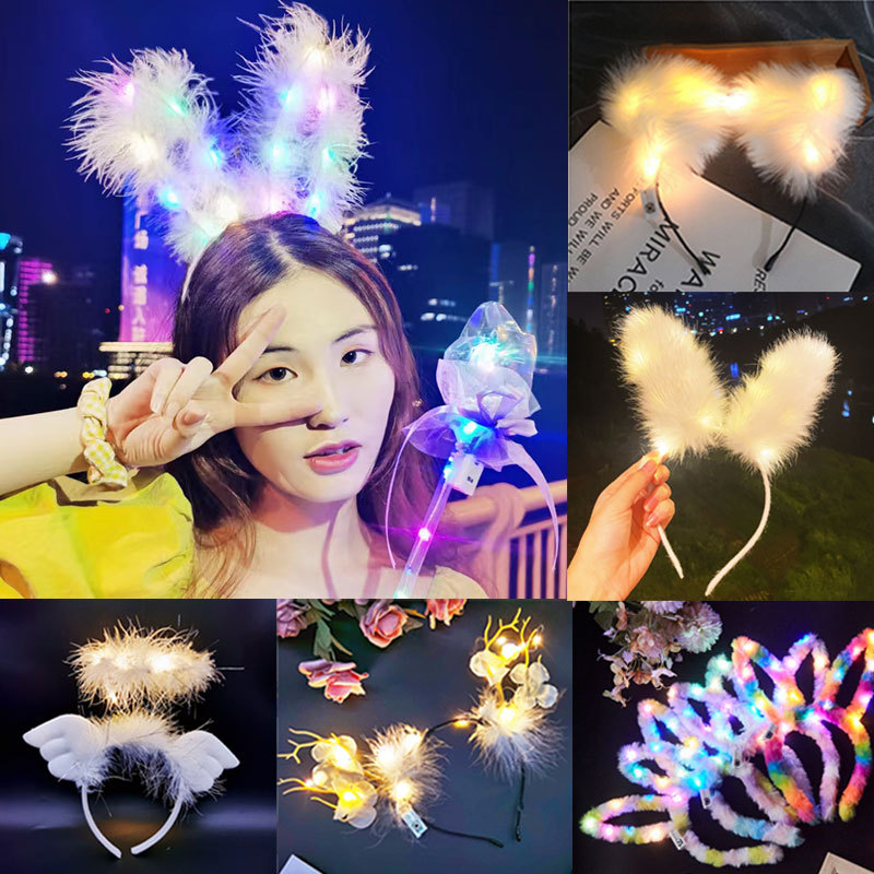 highlight lengthened 14 lights plush rabbit ears luminous headband push gold silk feather luminous cat ears headband