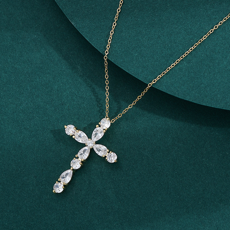 Cross-Border Supply Real Gold Plating Temperament Clavicle Chain Women's High-Grade Zircon Cross Necklace Hot Sale in Europe and America Necklace
