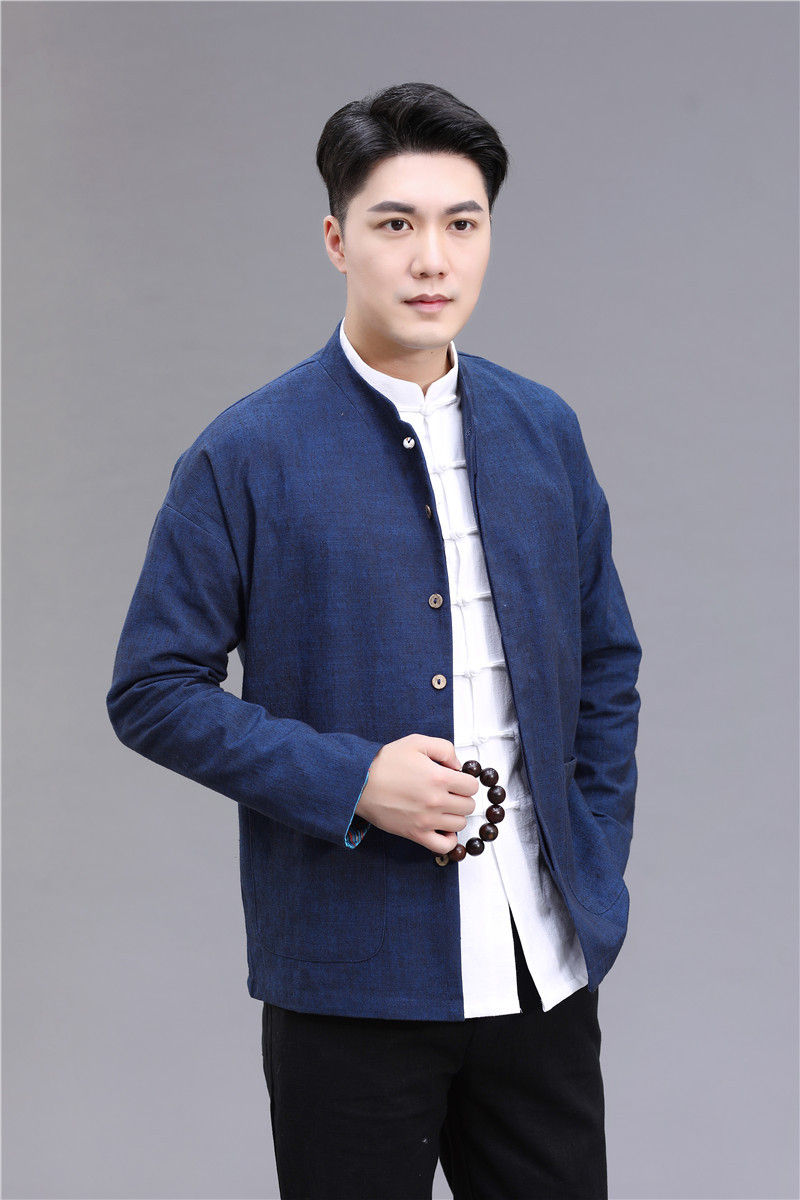 春秋款唐装中山装男外套亚麻夹里长袖上衣复古国风男外套居士茶服