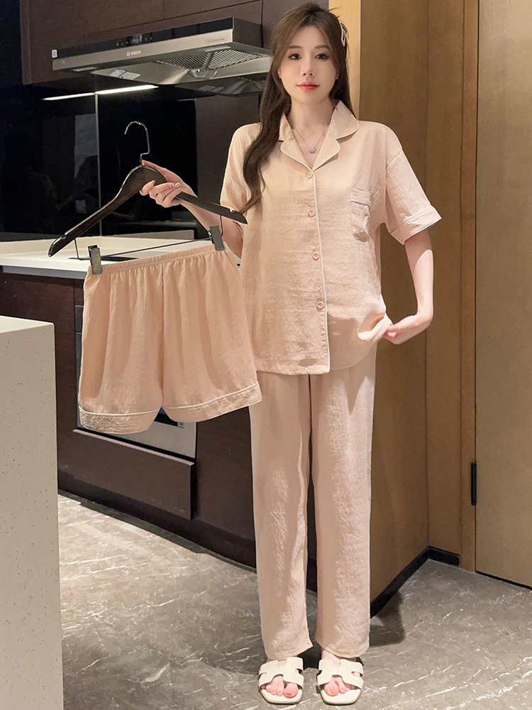 Women's Pajamas New Spring and Summer Solid Color High-Grade Loose Comfortable Short-Sleeved Shorts Casual Home Wear Three-Piece Suit