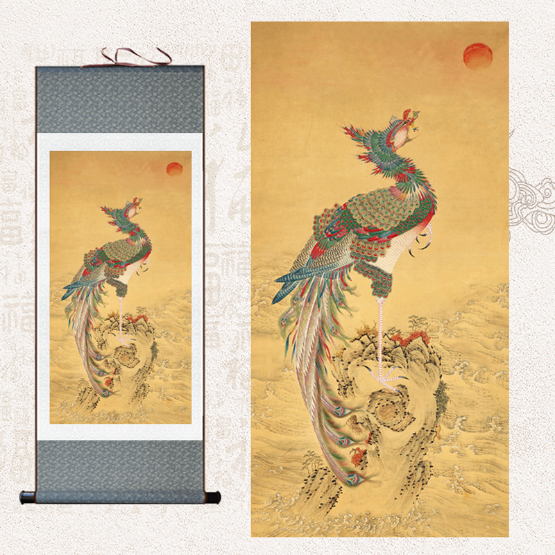 古画丹凤朝阳图挂画中式入户风水玄关花鸟画装饰卷轴吉祥如意凤凰