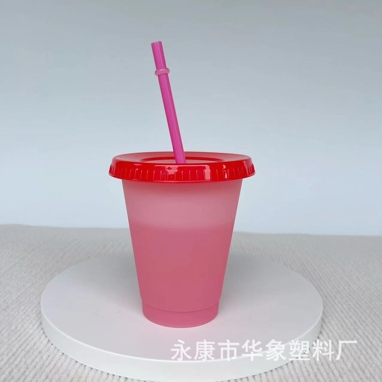 Cross-Border Hot Pp Temperature-Sensitive Plastic Color Changing Cup 16Oz Straw Cup Cold Color Changing Cycle Use Can Be Customized Logo