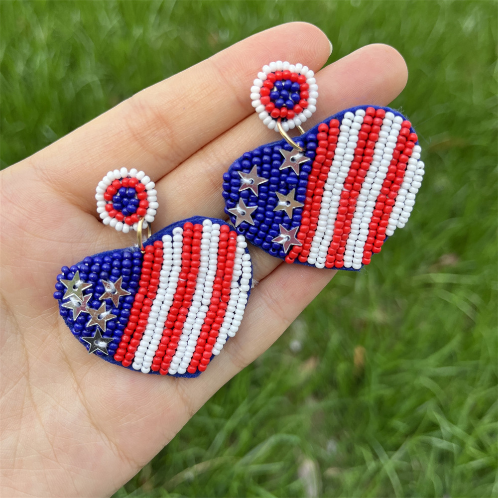 跨境亚马逊爆款爱心美国独立日国旗米珠耳环手工编织米珠耳环批发