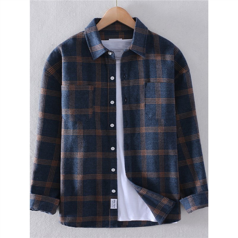 加厚磨毛格子衬衫男长袖春秋宽松上衣日系复古男装衬衣外套潮