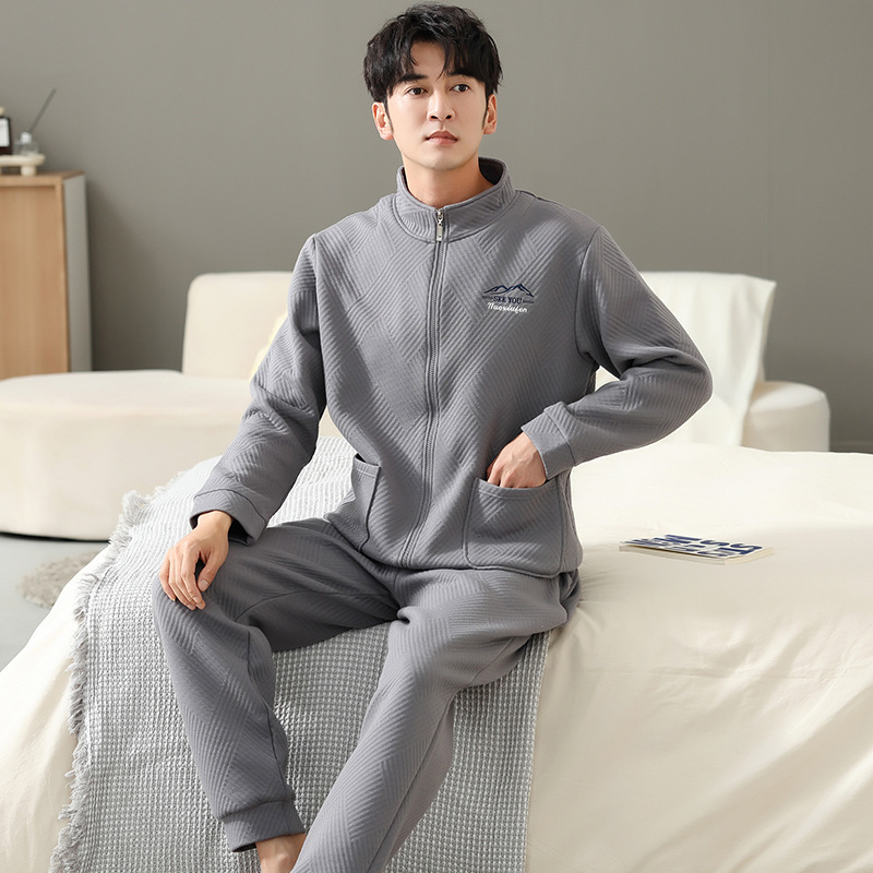 Pajamas Men's Spring and Autumn 60 Cotton Long-Sleeved Homewear Autumn and Winter Zipper Quilted Air Cotton Interlayer Suit