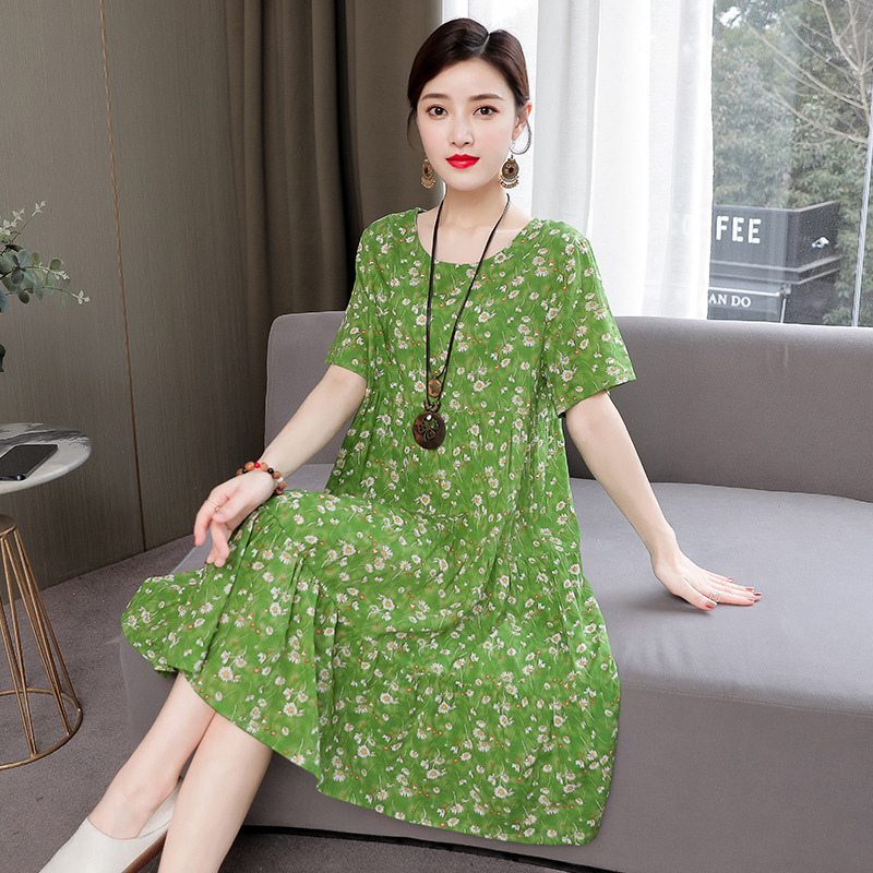 Mom Loose Slim Floral Cotton Silk Dress Summer Dress 2023 New Women's Short Sleeve Stylish Fashion Elegant image