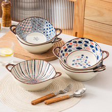 复古双耳异形碗花卉饭碗汤面碗沙拉碗日式家用釉下彩陶瓷欧式餐具