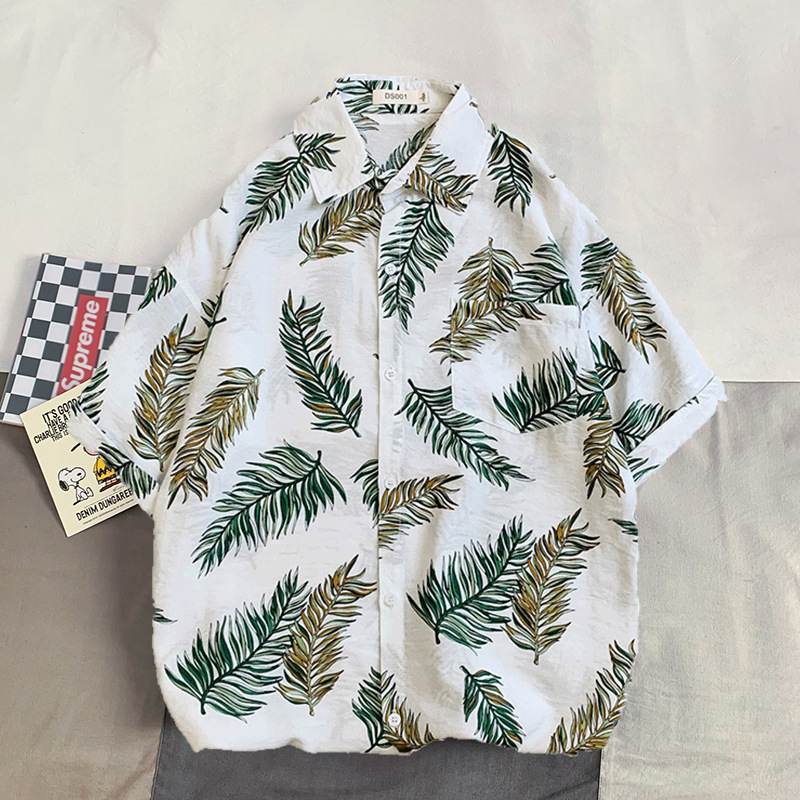 Hawaii Printed Shirt Men's Short Sleeve Loose Large Size Beach Shirt Vintage Hong Kong Style Retro Trendy Ruan Handsome Coat Men